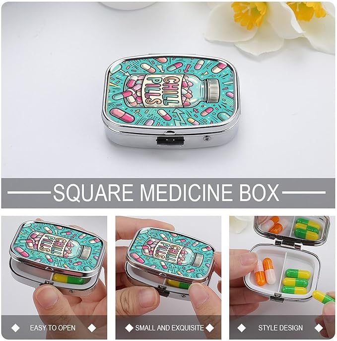 Metal 2 Compartment Pill Organizer Travel Friendly Portable Compact Pill Box Cute Pill Case,for Pocket Wallets Daily Portable Medicine Vitamin Tablet Storage (Cute Bottle)