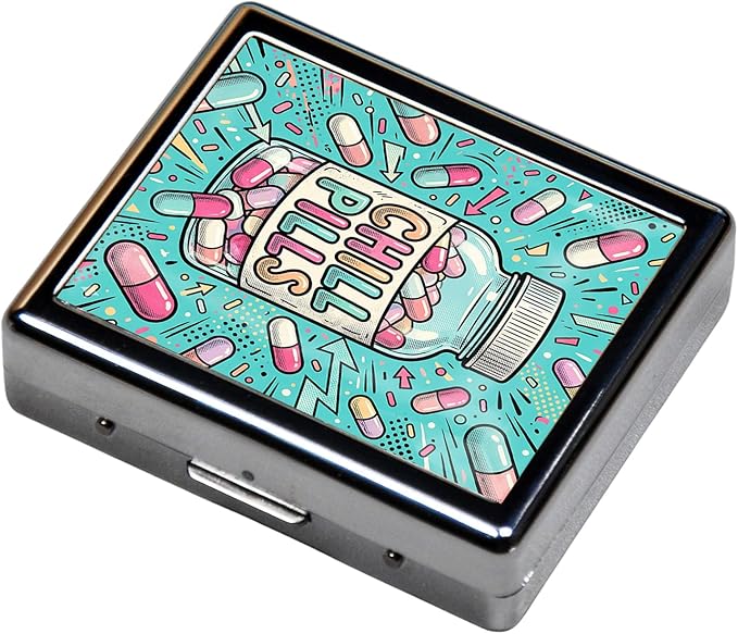 Metal 7 Day Pill Organizer, Cute Small Weekly Pill Case with 8 Compartments for Travel, Moisture-Proof Medicine Holder for Purse, Compact Daily Vitamin Box (Chill Pills)