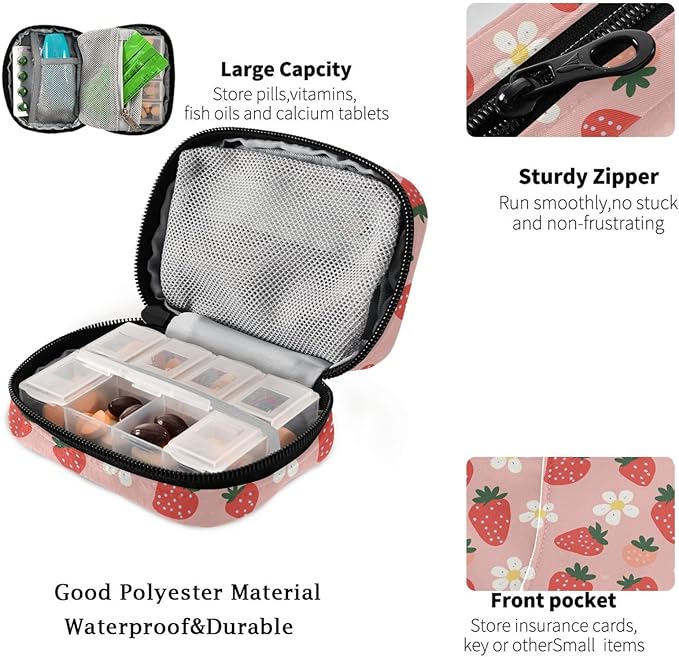 Fustylead Hand Draw Strawberry and Cute Flower on Pink Background Pill Organizer for Purse, Weekly Portable Pill Box with Zipper to Storage Vitamins Fish Oils Medications Supplements