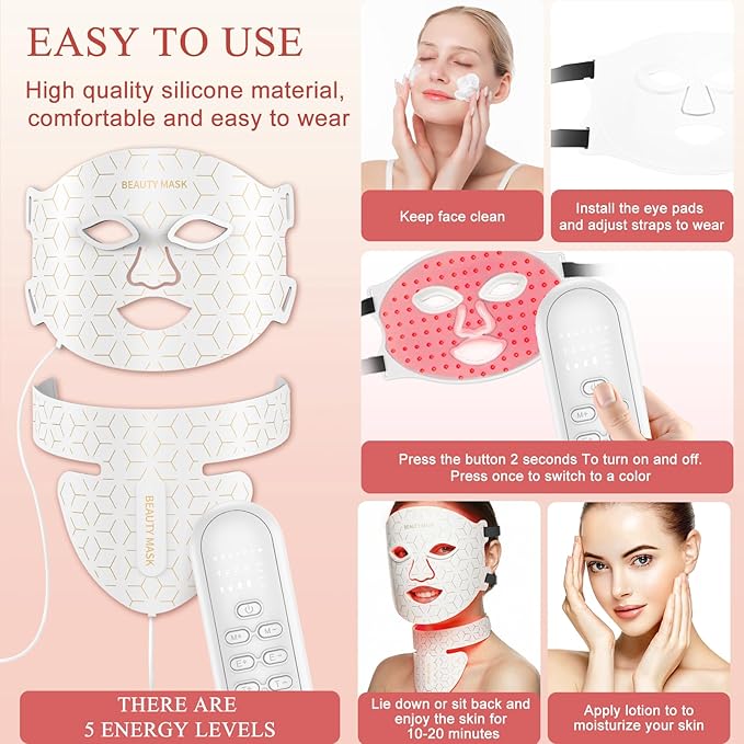 Red Light Therapy for Face & Neck,Red Light Mask with 850nm NIR, 7-1 Colors LED Light Therapy mask, Rechargeable LED Face & Neck Mask for Anti-Aging,Skin Firming & Radiant Glow at Home