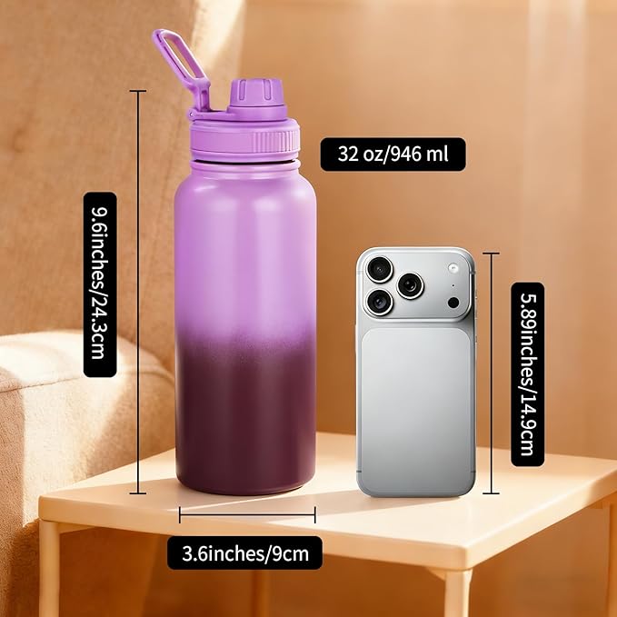 Motivational Water Bottle 32oz with Time Marker- Leakproof & BPA Free Sports Water Bottle with Straw & Carry Strap for Gym, Travel and Outdoor Sports (Stainless steel insulation-Purple)