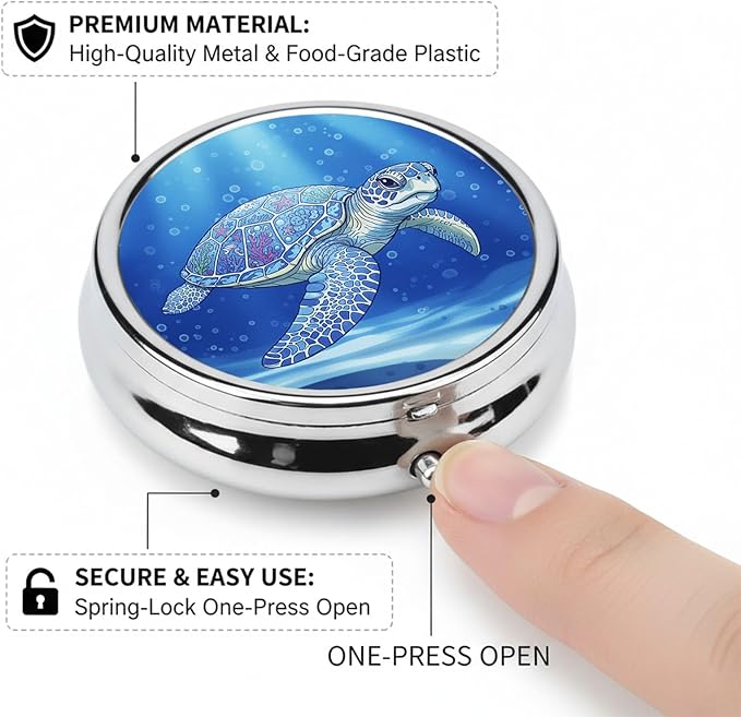 Round Pill Case Small Pill Box with Mirror Pocket 3 Compartment Vitamin Pill Medicine Case Organizer Pill Containers for Traveling Mandala Sea Turtle Two