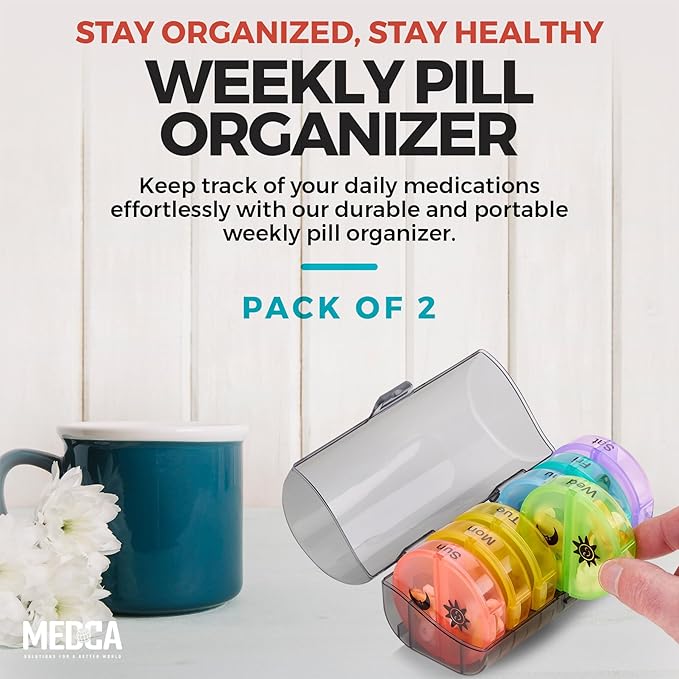 Weekly Pill Organizer - 2 Times-A-Day Compartments - 7 Day AM/PM Pill Container - Portable, Durable and Convenient Travel Pills Case for Tablets, Fish Oils, Vitamins and Supplements, Rainbow, 2 Pack
