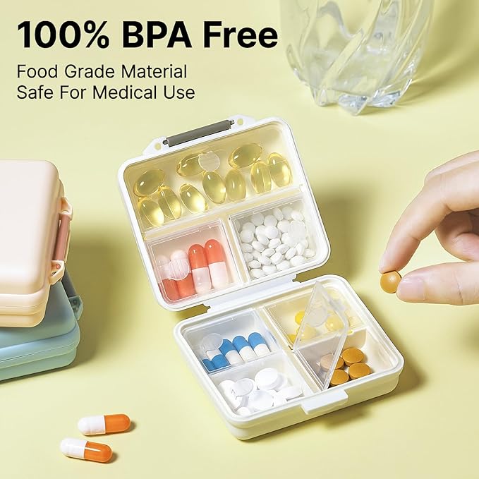 1 Pack Travel Pill Organizer,Portable Daily Pill Box,7 Grid Compartments Weekly Pill Case with Lables,Mini Medicine Organizer Box,Compact Pocket Pharmacy for Purse Vitamin Fish Oil Container (White)