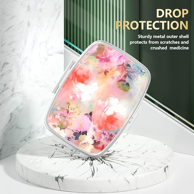 Nipichsha Pill Box, Small Pill Case for Purse & Pocket, Cute Travel Medicine Organizer, Portable Medicine Container Holder to Hold Vitamins, Medication, Fish Oil & Supplement, Watercolor Flowers