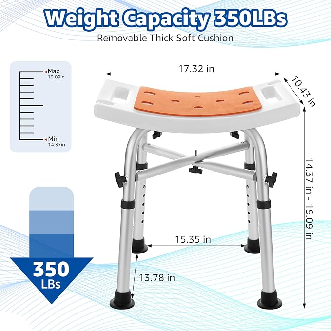 Shower Chair Bath Stool Seat 350 Lbs, Height Adjustable Bath Bench with Padded Seat for Seniors, Shower Stool Chair for Inside Shower, Shower Seat Stool with Heavy Duty Crossbar Support (Orange)
