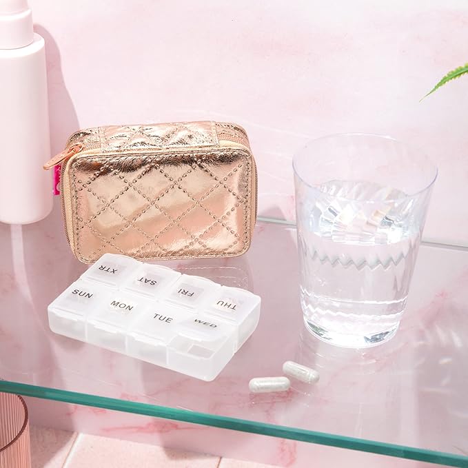 MIAMICA Women's Zippered Pill Case with 8-Day Removable Plastic Organizer, Rose Gold Quilted, 3.5” x 2.75” x 1.25” – Cute Weekly Medicine Box Compact Design