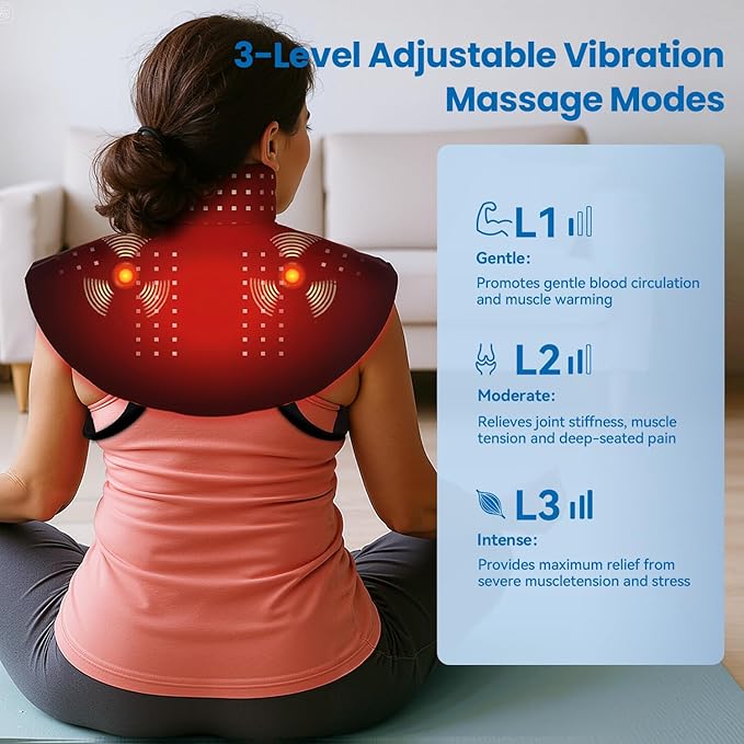 Cordless Red Light Therapy for Neck Shoulder Pain Reilef, 120 LEDs Wearable Infrared Heating Wrap with Massager and Timer, 660nm & 850nm Near-Infrared Red Light Therapy Pad, Blue