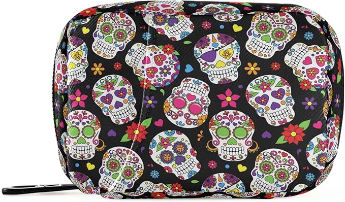 Day of The Dead Sugar Skull Pill Box 7 Day Pill Case Travel Pill Organizer Bag with Zipper Portable Weekly Case Compact Size for Vitamin Supplement Holder