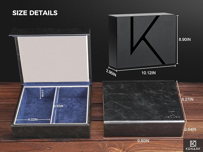 KK7 PLUS-DB Faraday Key Fob Protector Box with 2 Slots, RFID Signal Blocking Shielding Box for Car Keys, Anti-Theft Vintage Faraday Cage with High-Grade Protein Leather, Black & Blue - Size: XL