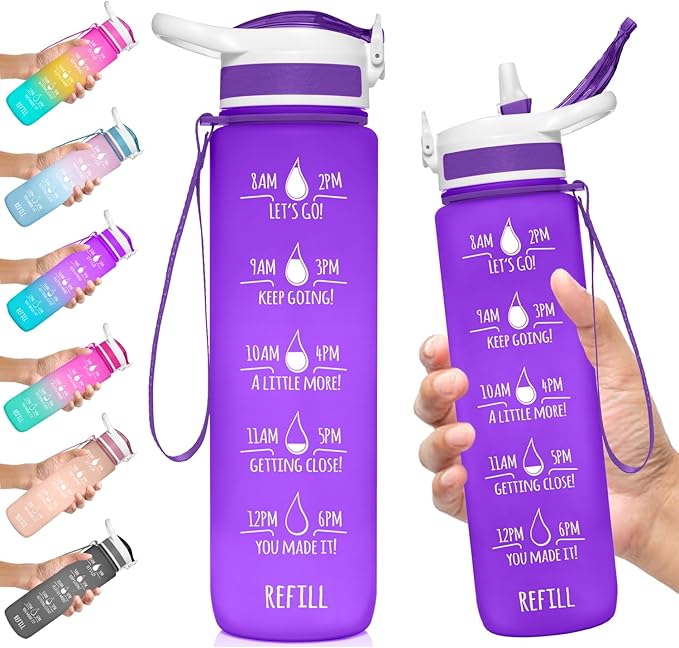 NatureWorks HydroMATE 32 oz Water Bottle with Time Markings Hourly BPA Free Reusable Leak Proof with Straw and Carrying Strap 1 Liter