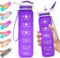 NatureWorks HydroMATE 32 oz Water Bottle with Time Markings Hourly BPA Free Reusable Leak Proof with Straw and Carrying Strap 1 Liter