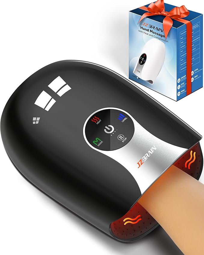 Hand Massager with Heat and Compression : Cordless Heated Hand and Wrist Massager for Palm, Fingers, and Comfort Relief – 4 Modes 6 Intensities, Portable Rechargeable, Wife Husband (Black)