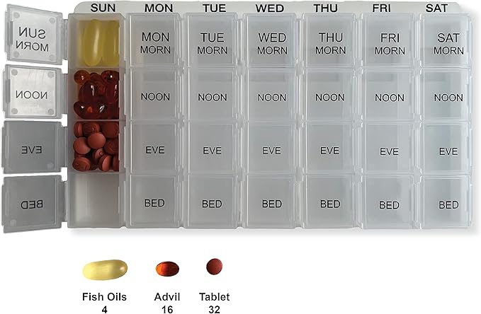 ProMed Weekly 4 Times Daily 7 Day Pill Organizer for Medication, Vitamins & Supplements | Ergonomic Pill Case with Removable Clear Compartments | BPA-Free & Medical-Grade Plastic