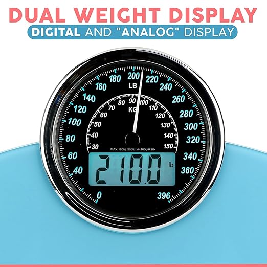 Adamson Hybrid 2-in-1 Analog & Digital Weighing Scale for Body Weight up to 400lbs - Thick Tempered Glass - Extra Large Display - Easy to Read Digital Bathroom Scale - New - Light Blue