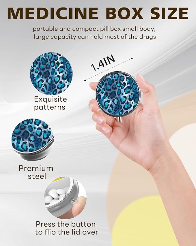 LRITER Pill Case, Portable Travel Pill Box, Pillbox Organizer, Cute Small Medicine Storage Container, Purse Accessories for Women, Men (Blue Leopard Print)