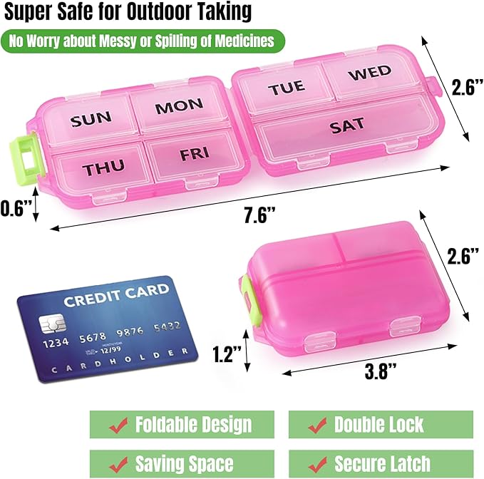 7 Day Compact Pill Organizer, Foldable Portable Travel Pill Box with Double Protection, Daily Small Pill Case Dispenser for Medication, Vitamins, Supplements (Clear Pink)