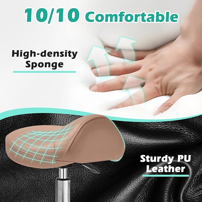Saddle Stool with wheels Ergonomic - Heavy Duty 400lbs, Upgraded Thick Saddle Cushion, Healthy Posture Correction, Swivel Adjustable Rolling Saddle Stool, Saddle Chair for Salon Massage Home (Brown)