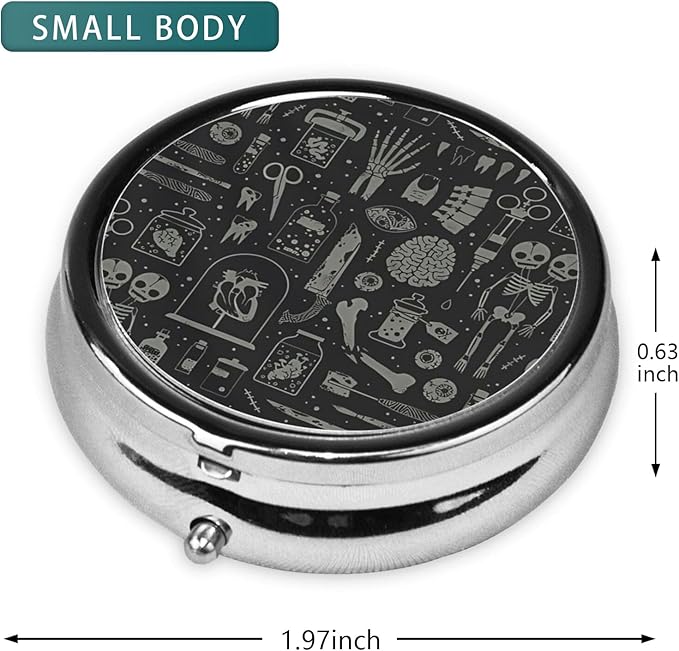 Pill Box 3 Compartment Pocket Small Pill Organizer Mini Metal Pill Holder Travel Portable for Man - Gothic Skull