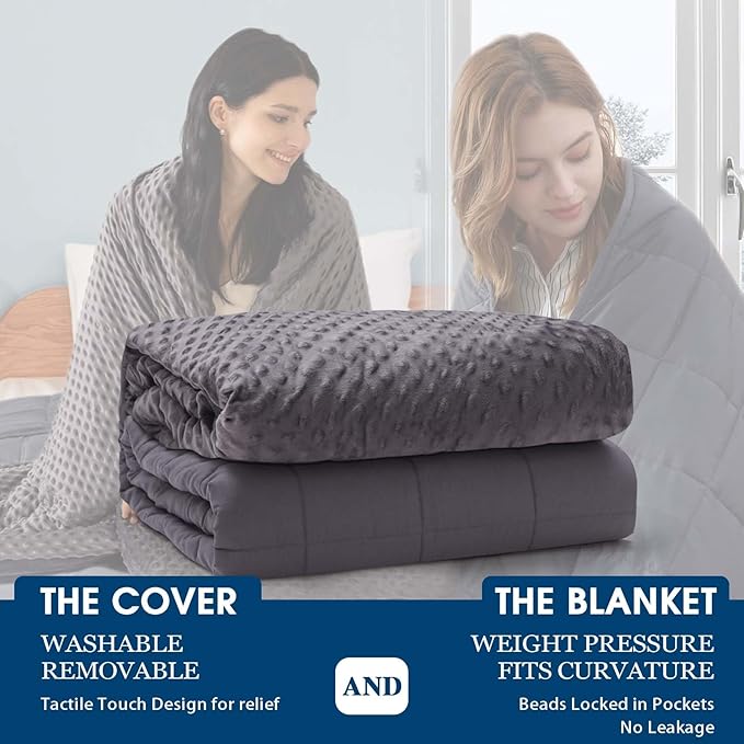 Weighted Blanket with Cover Queen Size Heavy Blanket Removable Soft Grey Blankets Microfiber Washable Heated Weighted Throw Blankets Winter Warm Weighted Comforter 25lbs, 60 * 80