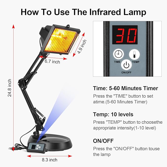 Infrared Lamp, 150W Infrared Heat Lamp, Red Light Therapy Lamp for Body Muscle Neck Shoulder Joints Back Pain Relief, Heat Lamp Device with Adjustable Sturdy Stand Timer