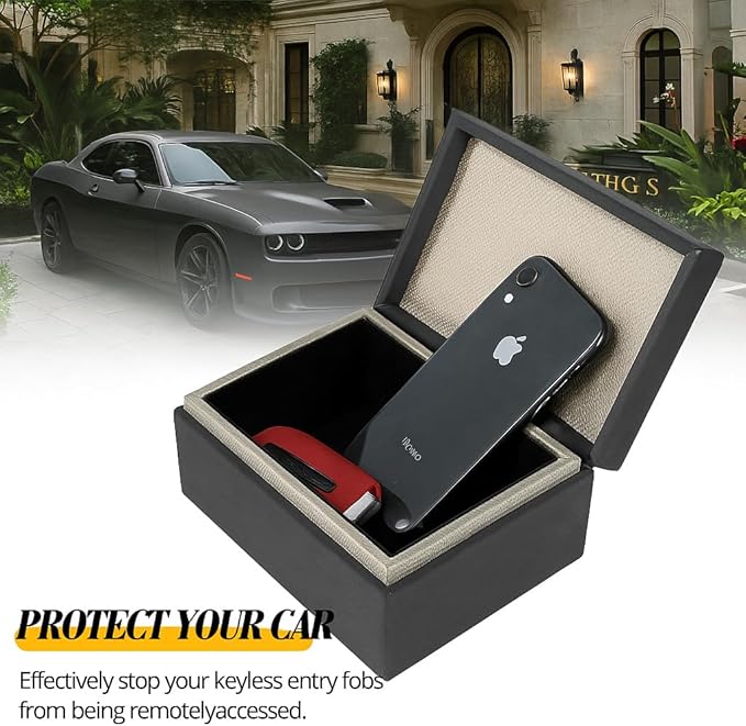 Faraday Box for Car Keys, RFID Signal Blocking Key Fob Protector, Large Capacity Suede Anti-Theft Box with Silver Buckle (Fits Multiple Keys, Phones & Cards) - Black