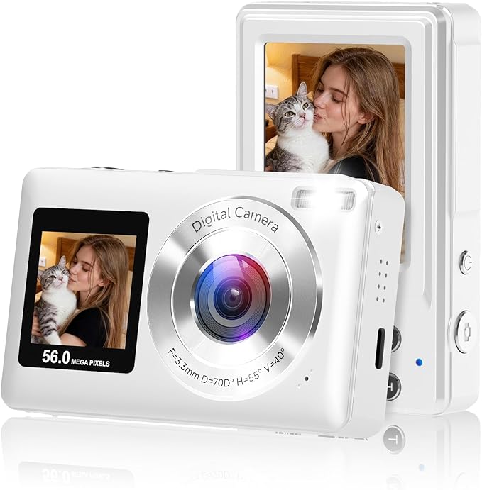 Digital Camera, 2026 Upgraded 56MP Dual-Screens Selfie Digital Camera, Small Cameras with 32GB SD Card Smile Capture, Compact Digital Cameras with 16X Digital Zoom for Beginners Kids Teens Girls