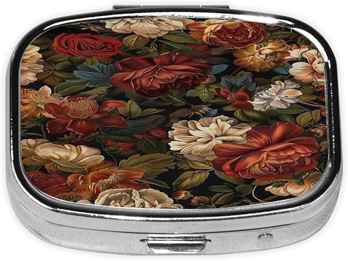 Boho Vintage Dark Flower Bloosom Rose Pattern Pill Case Pill Box Travel Pill Organizer Small Square Medicine Box for Purse & Pocket Gifts