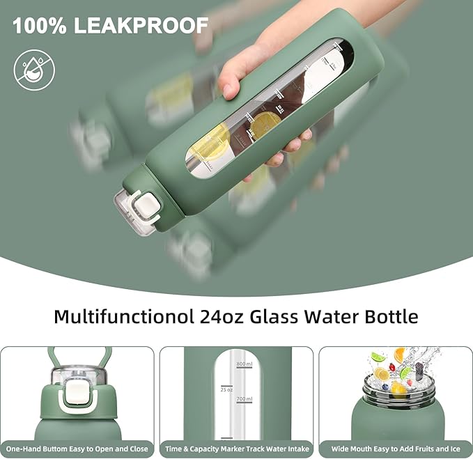 24 oz Glass Water Bottle with 2 Lids-Handle Spout Lid & Straw Lid, Motivational Water Bottle with Time Marker and Silicone Sleeve,Leakproof-Olive-1 Pack