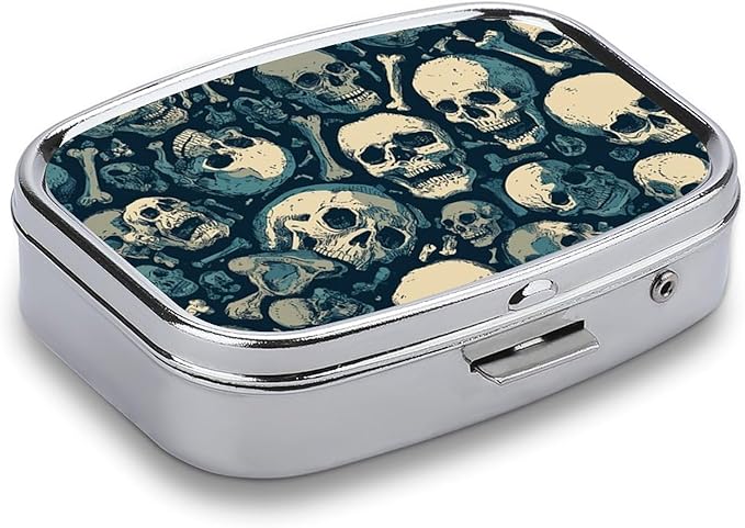 Metal Pill Organizer – 2-Compartment Pocket Pill Box for Vitamins, Supplements, Medications – Compact Travel Case (Skull Bones)