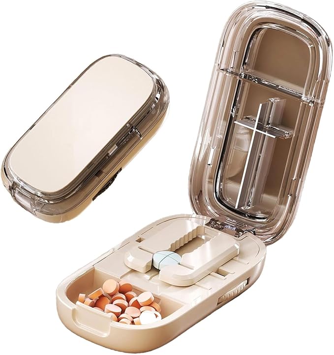 Pill Cutter for Cutting Multiple, 1/2 1/4 Pill Splitter for Large, Small and Tiny Pills, Portable Pills Cutter,Storage Organizer, Accurate Centering Alignment Device (White)