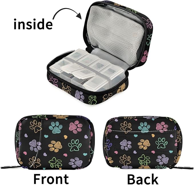 Fustylead Colorful Doodle Cute Paw Print Travel Pill Organizer Case Zipper for Purse with Removable Weekly Pill Box for Medicine, Vitamin, Supplement Medicine Organizer