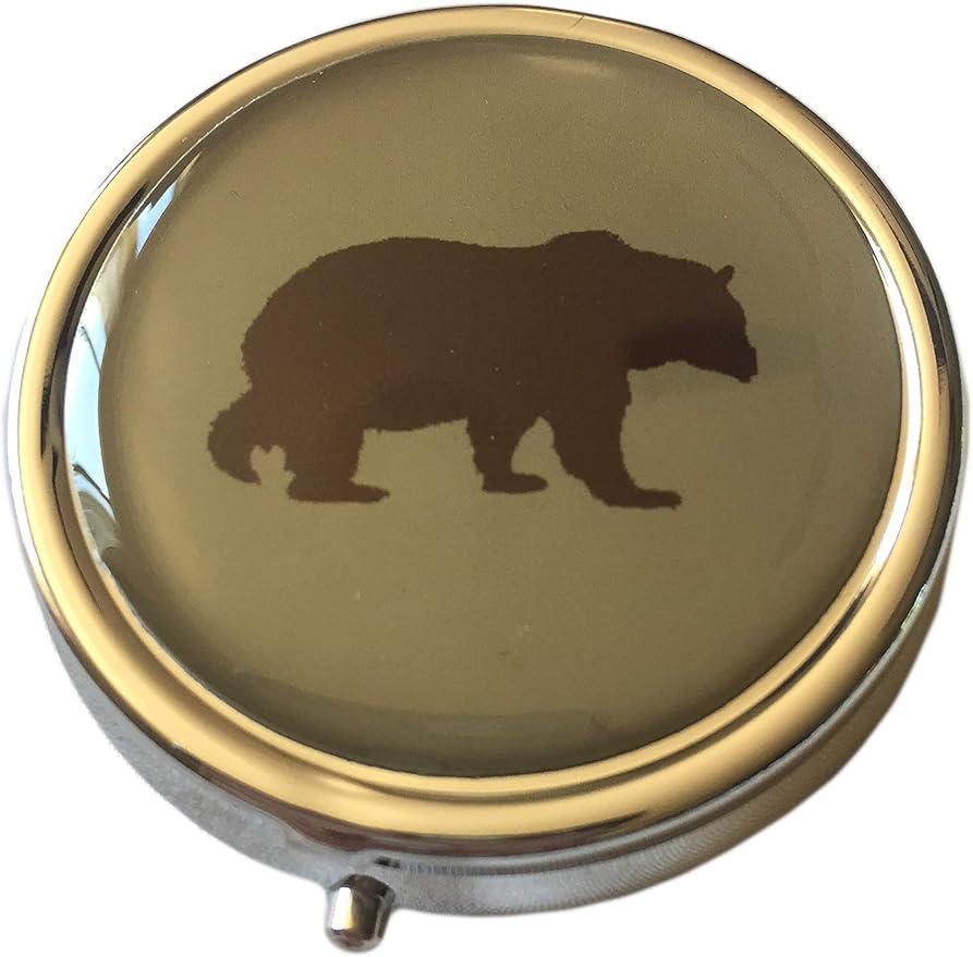 Brown Bear Silver Pill Box – Round 3-Compartment Metal Pill Organizer, Compact 2-Inch Travel Pill Case for Pocket or Purse