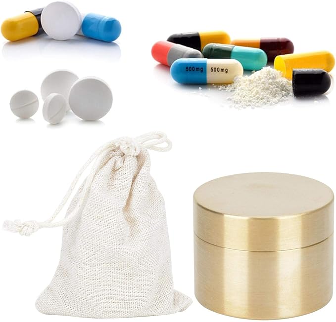 Ejoyous Brass Pill Box, Mini Round Shape Waterproof Dustproof Solid Brass Container Holder Metal Pill Container for Purse Pocket Travel, Small Outdoor Survival Pill Storage Case