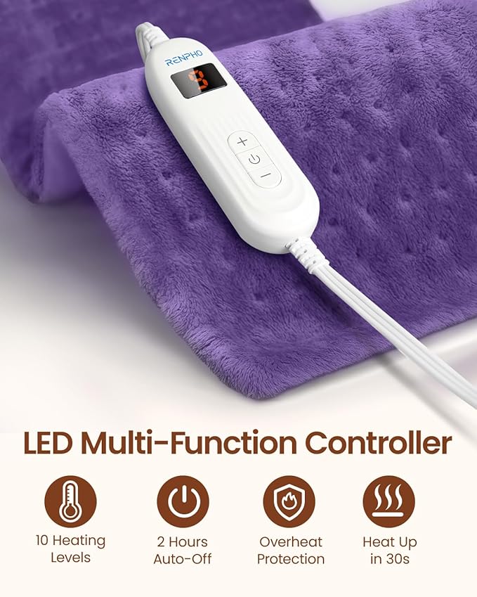 RENPHO Electric Heating Pads, Heating Pad for Back Pain & Cramps Relief, FSA Eligible HSA Store, Mothers Day Gifts & Birthday Gifts for Her Him, ETL Certified, Auto Shut Off, 12" x 24" Violet