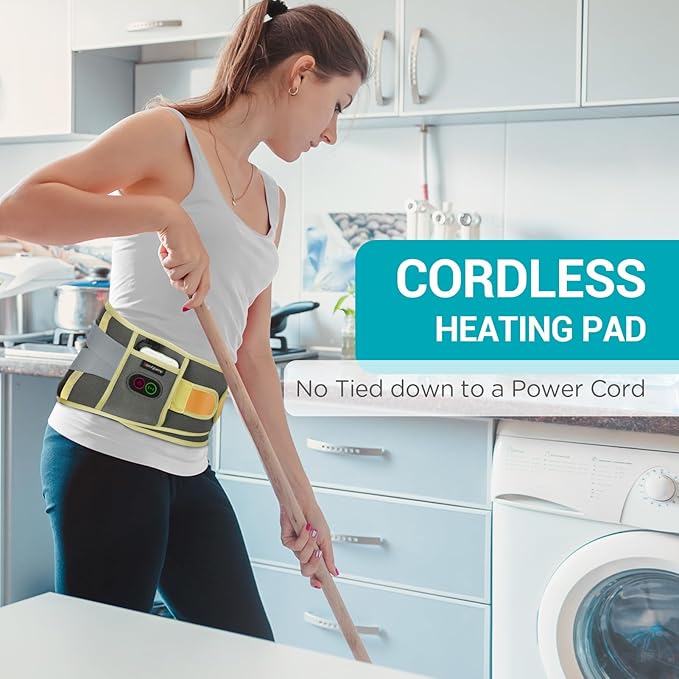 Comfytemp Cordless Heating Pad with Massager for Back, Portable Lower Back Massager FSA Eligible HSA Rechargeable Wireless Electric, Birthday Gifts for Women Men Mom Dad Seniors 30Auto-Off Grey Yellow