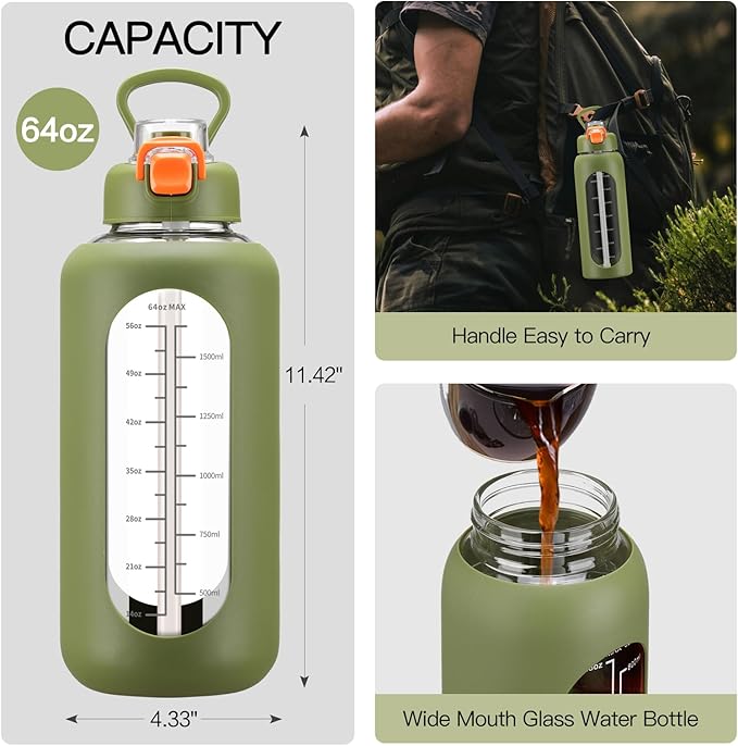 64 oz Glass Water Bolttles with Straw Half Gallon Large Motivational Water Bottle with Time Marker Sports Water Bottles with Silicone Sleeve and Handle Lid Water Jug for Gym Workout