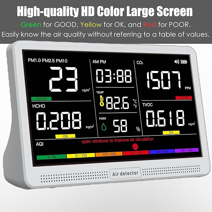Professional Indoor Air Quality Monitor with 7X AQI Alarms,16 in 1 Portable Real-Time Detector for PM2.5 | PM10 | CO2 | TVOC | HCHO | Temp | Hum for Home Cars Plants Pets