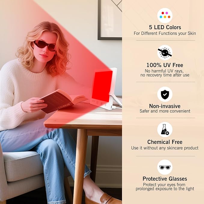 Red LED Light Therapy Lamp for Face, 5-Color Facial Beauty Device with 630nm & 850nm Near Infrared Red Light Therapy for Desk with Adjustable Stand, Timer and Protective Glasses, Home and Travel Use