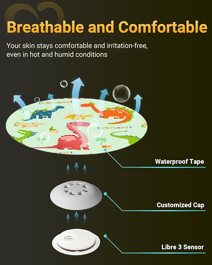 Libre 3 & Plus Sensor Covers Waterproof, 10 Pack Amolyfe Freestyle Libre 3 Covers, Bump-Proof with Hard Cap, Waterproof Breathable Medical CGM Adhesive Patches, 14-Day CGM Protection (Dinosaur)