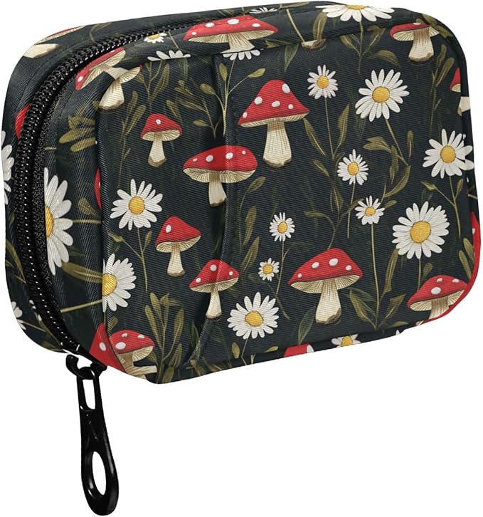 Fustylead Watercolor Amanita Mushrooms and Daisy Pill Organizers 2 Times A Day Pill Case Bag with Zipper Portable Weekly Pill Dispensers for Vitamin Supplement