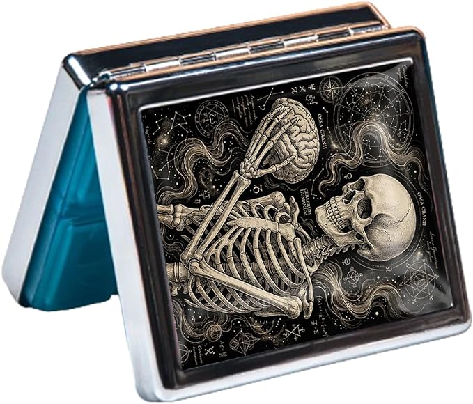 Metal 7 Day Pill Organizer, Cute Small Weekly Pill Case with 8 Compartments for Travel, Moisture-Proof Medicine Holder for Purse, Compact Daily Vitamin Box (Mystic Skeleton)
