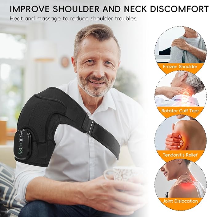 Shoulder Heating Pad, Cordless Electric Heating Pad for Shoulders with 3 Vibration Mode, 3 Heat Adjustable, Portable Heated Wrap for Shoulder Pain Relief, Chrismas Birthday Gift for Women Men