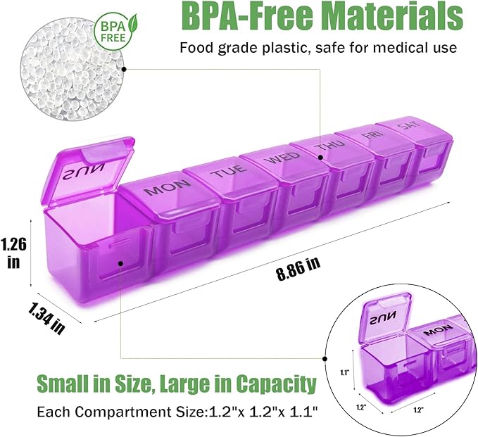 2 Pack Weekly Pill Organizer, Large 7 Day Pill Case, Daily Vitamin Case Medicine Box, AM/PM Pill Containers for Medicine Supplements Fish Oil (Red & Purple)