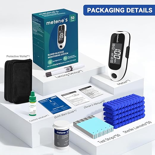 Metene S Blood Glucose Monitor Kit, Blood Sugar Testing Kit With 50 Test Strips & 50 Lancets & Control Solution, No Coding 0.7μl Blood, 7s Fast Reading, 150 Data Storage, Diabetes Testing Kit