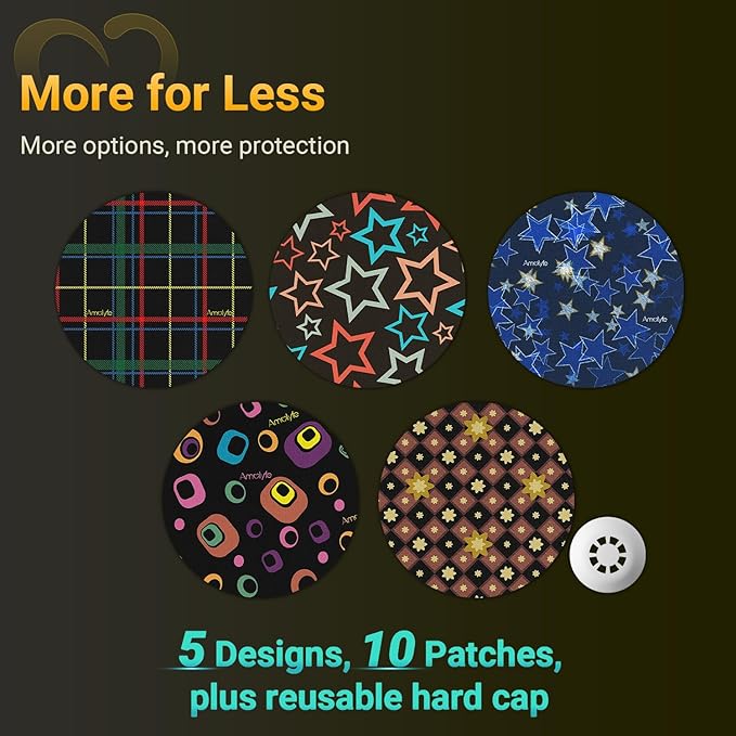 Libre 3 Plus Sensor Covers Waterproof, Amolyfe 10 Pack Freestyle Libre 3 Covers, Bump Guard with Hard Shell Cap, Breathable Glucose Sensor Latex Free CGM Adhesive Patches, 14-Day CGM Protection (Star)