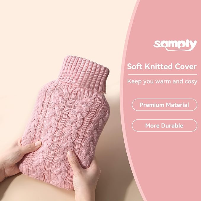 samply Hot Water Bottle with Knitted Cover, 2L Hot Water Bag for Hot and Cold Compress, Hand Feet Warmer, Ideal for Menstrual Cramps, Neck and Shoulder Pain Relief, Pink