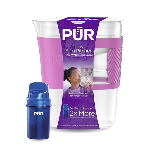 PUR Slim Water Filter Pitcher, 8-Cup Capacity, Compact Design for Dorms & Mini Fridges, Dishwasher Safe, Fast Filtration, Includes 1 Filter for Cleaner Great-Tasting Drinking Water Filtration, Violet