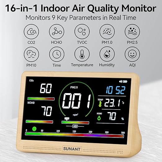 16-in-1 Air Quality Monitor Indoor, 7' Smart Large Display 9 AQI+7 Alarm Alerts, Real Time CO2, Formaldehyde, TVOC, PM2.5, PM10, Temperature & Humidity Portable Battery Powered Tester for Home, Office
