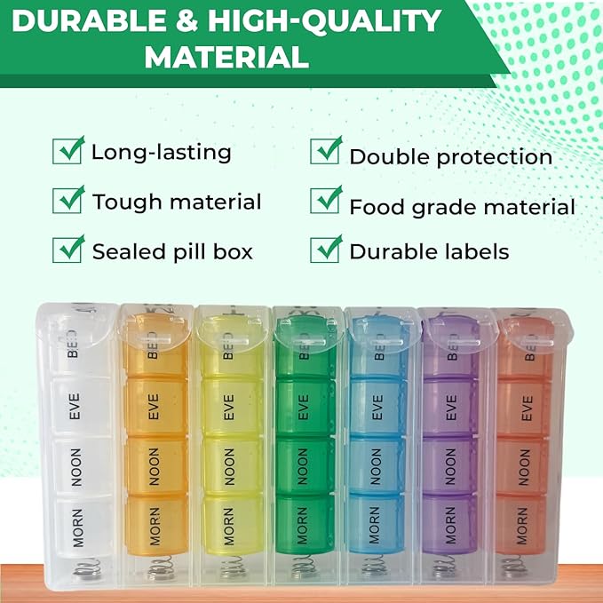 Pop Up Weekly Pill Organizer 4 Times A Day — Large Travel Pill Case w/ 28 Compartment to Hold Medication, Vitamin & Supplement — Daily Pill Box 7 Day — Moisture-Resistant Large Medicine Cases